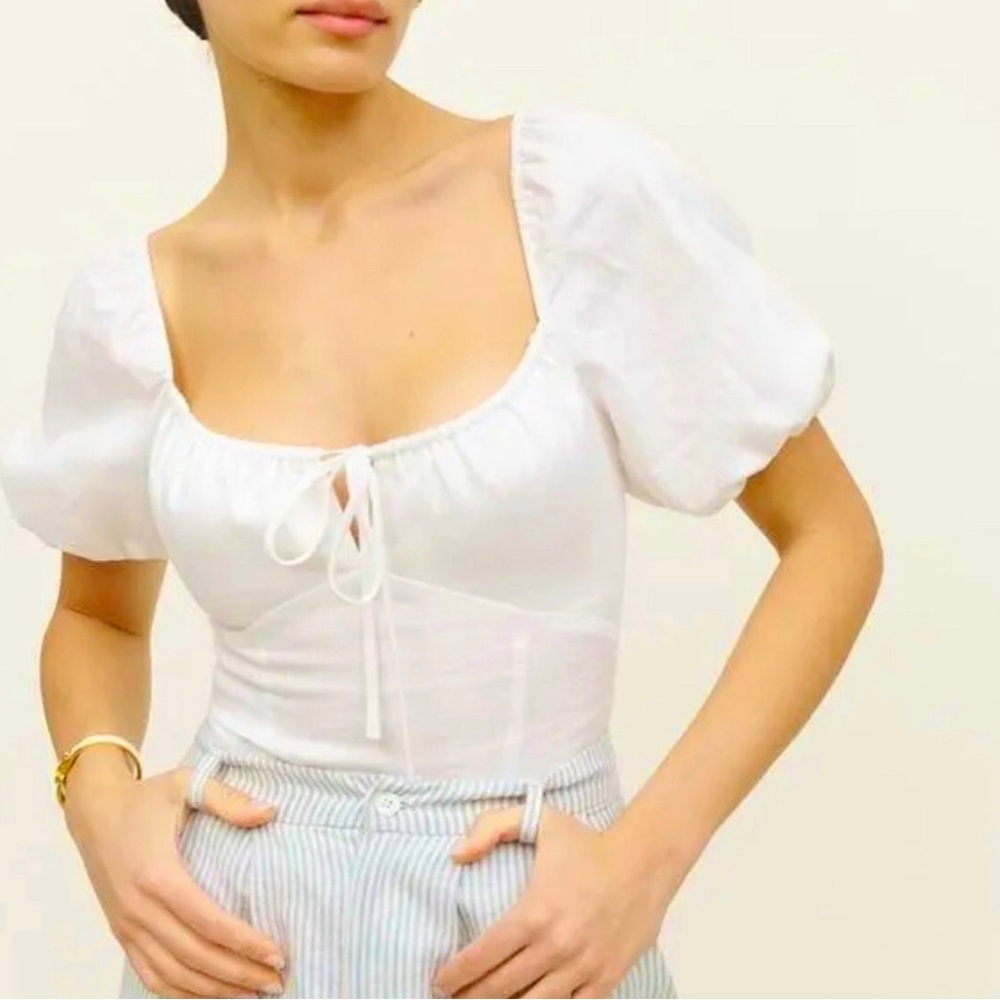 Reformation Rory White Puff Sleeve Tie Front Top
